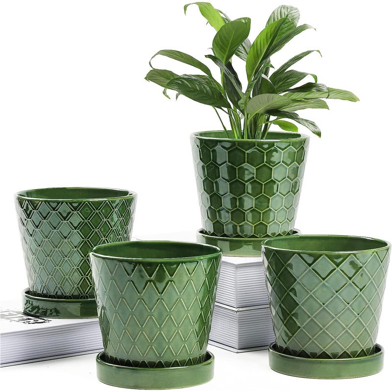 BUYMAX Plant Pots Indoor â€“5 inch Ceramic Flower Pot with Drainage Hole and Ceramic Tray - Gardening Home Desktop Office Windowsill Decoration Gift, Set of 4-Plants NOT Included (Patina) - Image 1
